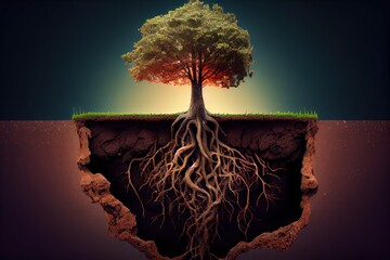 The underground world of the tree roots system is a complex network of mycorrhizae,, absorption system water GENERATIVE AI - obrazy, fototapety, plakaty