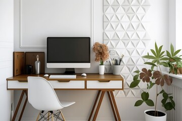 White wall with classic pattern, wooden desk, and working table. Generative AI