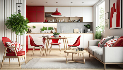 Modern home interior with red accents, Scandinavian style, generative ai