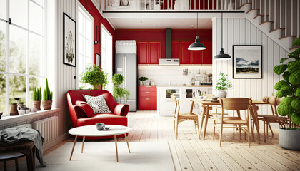 Obraz premium Modern home interior with red accents, Scandinavian style, generative ai