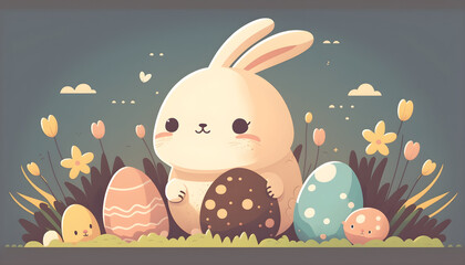 Easter eggs and cute bunny, flat illustration, pastels