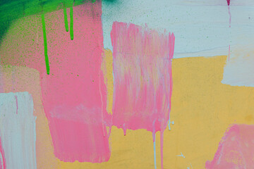 Messy paint strokes and smudges on an old painted wall. Colorful drips, flows, streaks of paint and...
