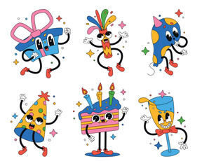 Hand drawn trendy traditional cartoon vector illustration set cute happy birthday party