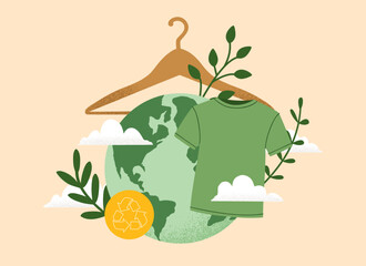 Vector illustration of green recycling t-shirt, Reuse, Reduce, Recycle symbol, Earth planet globe. Slow sustainable fashion, eco concept, environment care