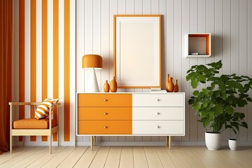 Wooden living room, frame mockup, modern commode, chest of drawers, orange-and-beige striped wallpaper, window, and parquet. Illustration, scandinavian interior design,. Generative AI