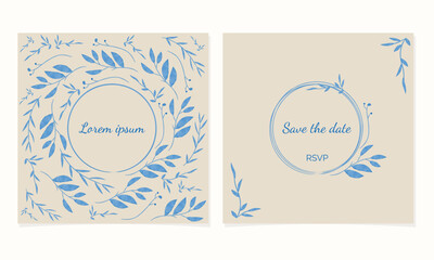 Minimalist trendy wedding invitation card design, watercolor blue line drawing on beige paper.Stylish invitation vector