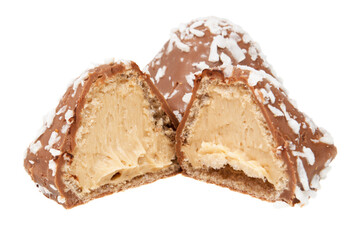 Praline candy half sweet cream filling isolated on the white