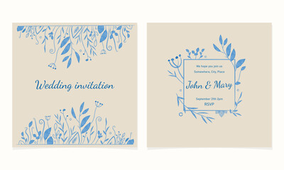 Minimalist trendy wedding invitation card design, watercolor blue line drawing on beige paper.Stylish invitation vector
