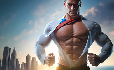 Athletic Muscular gym businessman in a business suit showing the superhero suit under his shirt tearing it up, against the backdrop skyscrapers business district of metropolis. Generative AI - obrazy, fototapety, plakaty