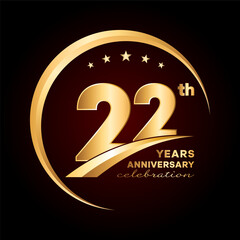 22 year anniversary celebration. Anniversary logo design with golden ring and text concept. Logo Vector Template Illustration