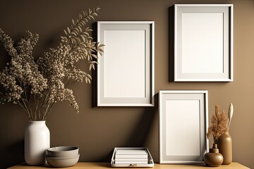 Empty frames on brown wall indoors. Design mockup. Generative AI