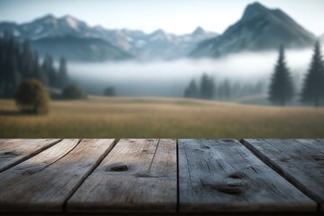 Fototapeta na wymiar Old wooden shabby table on the background of a meadow in the Alps. Foggy morning. Photorealistic illustration generated by AI.