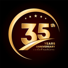 35 year anniversary celebration. Anniversary logo design with golden ring and text concept. Logo Vector Template Illustration