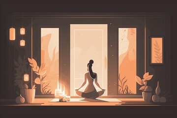 Woman practice yoga and meditation in her living room,Generative AI.