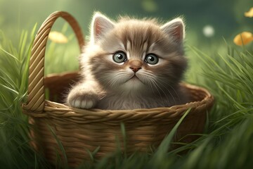 Fototapeta na wymiar Cute Adorable kitten Cat Realistic Portrait in a Basket Domestic Pet Summer Grass Field Generative AI