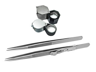 loupe magnifier glass and tweezers for jewelry,   set of tools