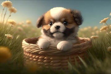 Cute Adorable Puppy Animal Portrait in a Basket, Summer Grass Field Generative AI
