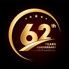 62 year anniversary celebration. Anniversary logo design with golden ring and text concept. Logo Vector Template Illustration
