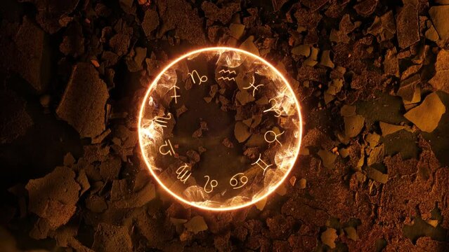 Mystical zodiac signs from the fire. Energy geometric circle on a dark background. Mockup for your logo and text. Round mystical portal. Cracks on the ground in the fog.