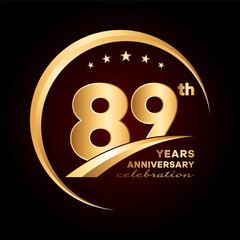 89 year anniversary celebration. Anniversary logo design with golden ring and text concept. Logo Vector Template Illustration