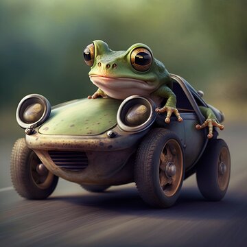 cute little frog driving a toy car, generative AI