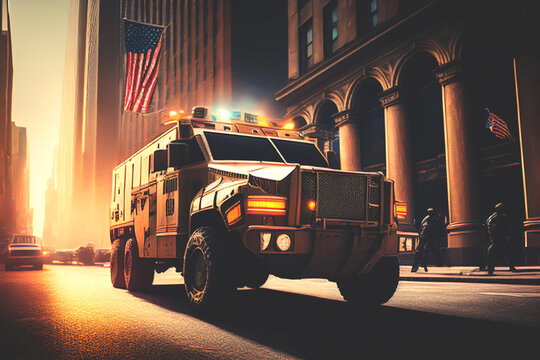 FBI Van, Armored Truck NY Trooper, undercover police car NYPD, New York Troopers, SWAT Special Vehicles. OPP HSD Police Interceptor, Prisoner Transport, Expedition SSV. Ai Generative illustration.