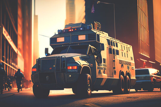 FBI Van, Armored Truck NY Trooper, undercover police car NYPD, New York Troopers, SWAT Special Vehicles. OPP HSD Police Interceptor, Prisoner Transport, Expedition SSV. Ai Generative illustration.