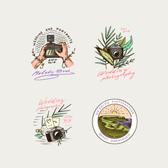 Wedding photographer badges or logos. Photo camera for the holiday. Photography Community. Templates for Retro Studio, vintage store or shop. Hand drawn sketch for postcard, banners. 
