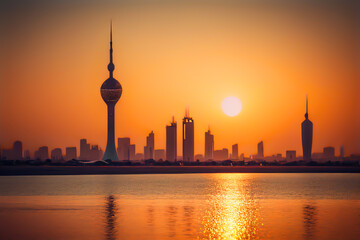Obraz premium Qatar skyline sunset. Cityscape with skyscrapers buildings. Modern arab urban architecture in Qatar. Ai generative illustration.