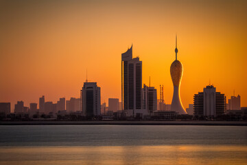 Fototapeta na wymiar Qatar skyline sunset. Cityscape with skyscrapers buildings. Modern arab urban architecture in Qatar. Ai generative illustration.