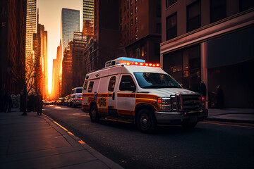 Ambulance rescue van in New York on road street. Ambulance Vehicle truck. American Response Vehicles. EMS Ambulance Driver US. Medical truck with red emergency lights. Ai Generative illustration.