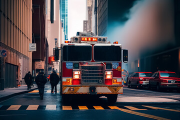 Fire Truck in New york. Firefighters Rescue after Fire Alarm went off at building. Firemen at apartment fire. Accodent on Street in NYC, firefighters and extinguish fire, Ai Generative illustration.