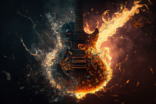 Guitar on fire falling to the ground