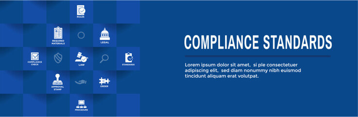 Compliance Standards web header banner with icon set that shows a company passed inspection