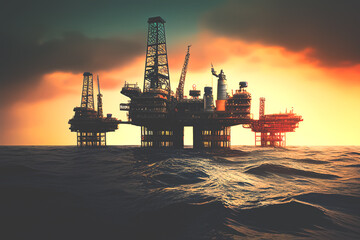 Offshore oil and gas. Oil rig in sea on sunset, Crude Oil production. Offshore drilling of extracting petroleum and natural gas from seabed. Mobile platform in ocean. Ai Generative illustration.