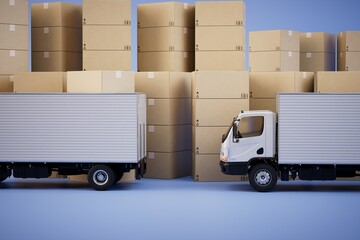 the concept of delivering parcels. trucks and boxes with parcels on a blue background. 3D render