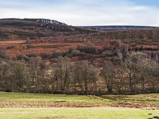 Northumberland landscape with crag between Otterburn and Rothbury, UK