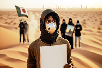 young man shows something or protests against something, in a desert, fictional people and location, abstract bangladesh flag