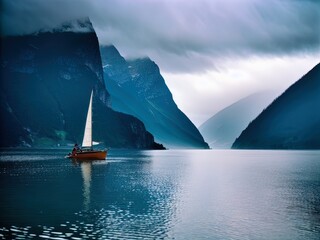 Sailboat on a calm, foggy sea.