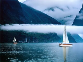 Sailboat on a calm, foggy sea.