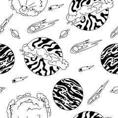 Open space. UFOs, spaceships, rockets. Solar system, Intergalactic travel. Galaxies, planets, asteroids, comets, shooting stars. Black and white pattern. Vector.