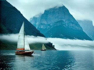 Naklejka premium Sailboat on a calm, foggy sea.