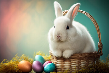 Cute Easter bunnies with eggs. Generative AI
