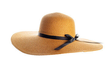 Womens summer yellow straw hat with black ribbon on white background - obrazy, fototapety, plakaty