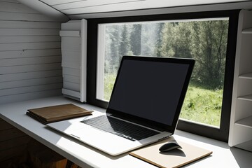 Fototapeta premium An open modern business laptop resting against an open roof window on a wooden table. Idea of working from a cottage remotely. A mock-up of a design with a white computer screen. Generative AI