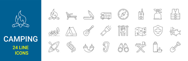 Set of 24 line icons camping. camp, tools, adventure, trekking. related to outdoor, Editable stroke Vector illustration. Outline icon collection