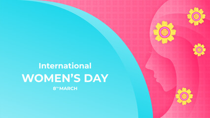 pastel blue and pink background for women's day design template with head woman illustration and flowers. simple and modern concept. used for greeting card, background or banner