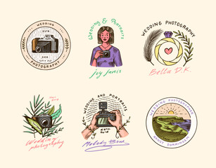 Wedding photographer badges or logos. Photo camera for the holiday. Photography Community. Templates for Retro Studio, vintage store or shop. Hand drawn sketch for postcard, banners. 
