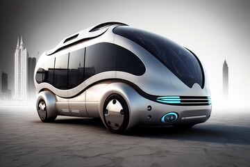 Obraz na płótnie Canvas beautiful futuristic minibus with a city in the background, generative AI