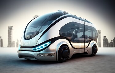 beautiful futuristic minibus with a city in the background, generative AI